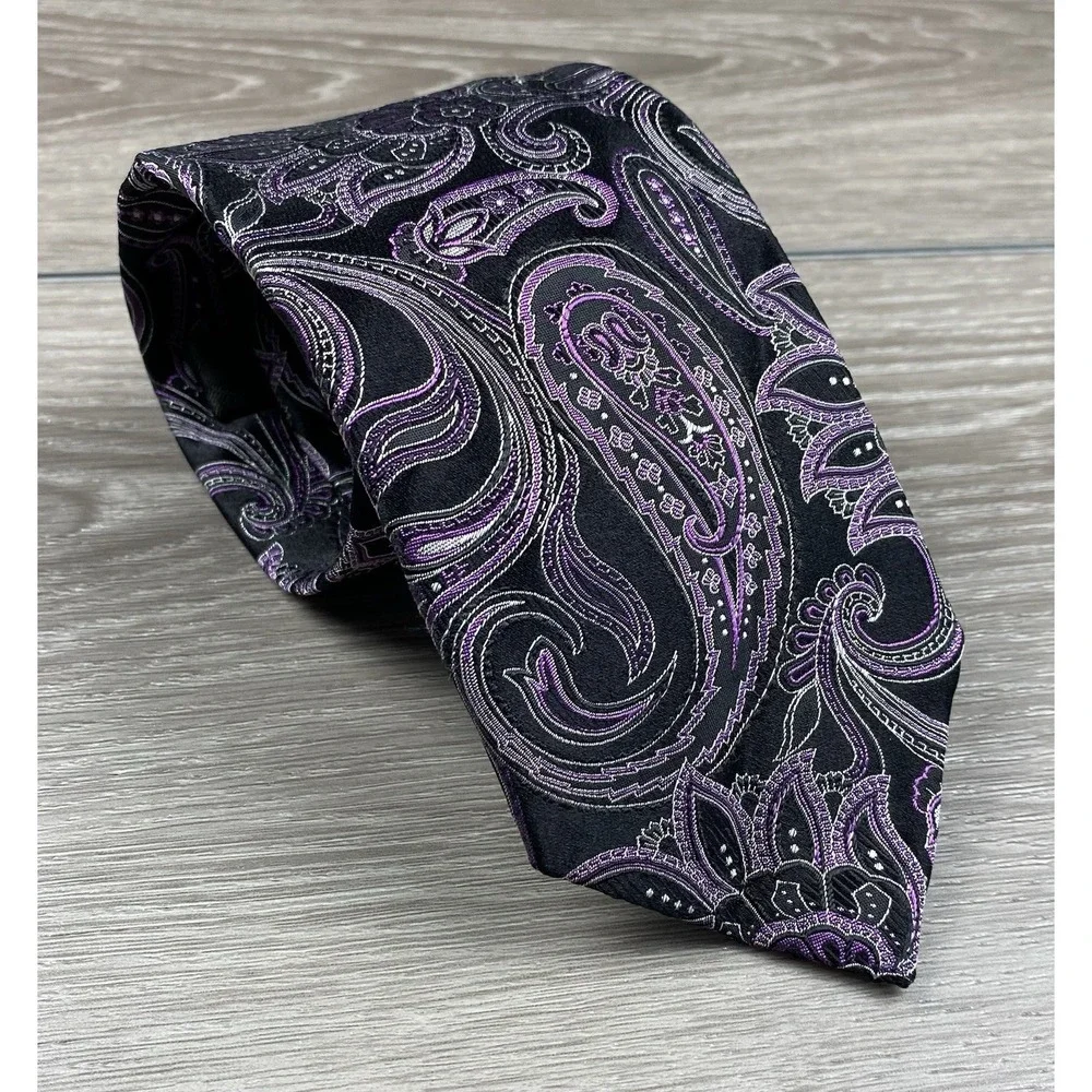 Canali Mens Necktie Paisley Silk Made in Italy Black Purple One Size
